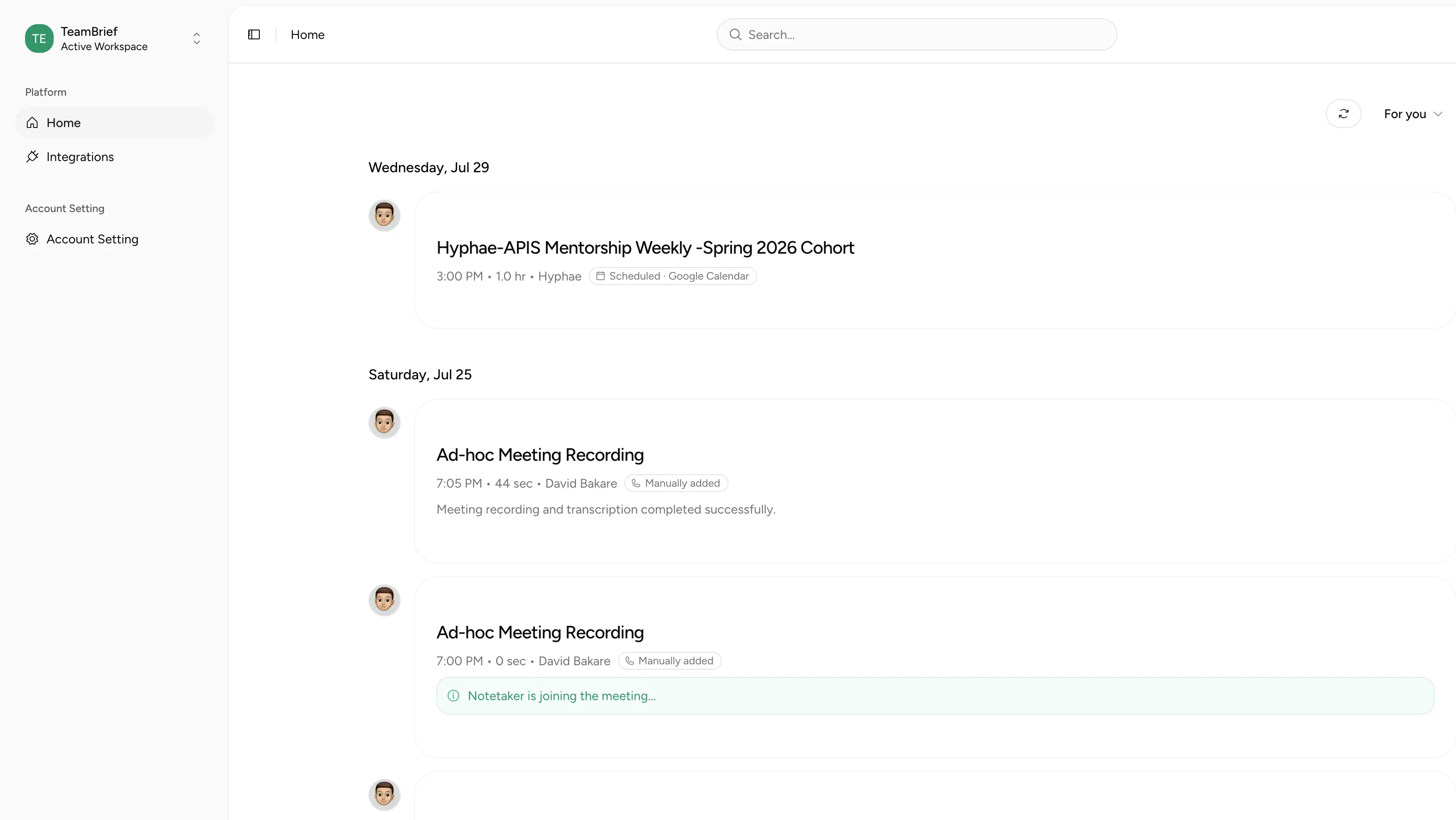 Teambrief meeting dashboard showing live transcript with decision capture